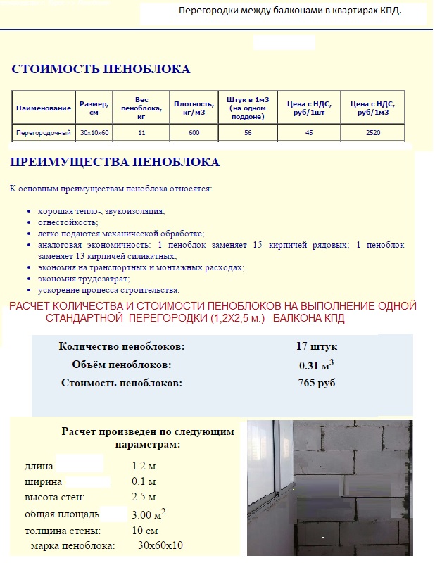 Расчет стоимости перегородки между балконами